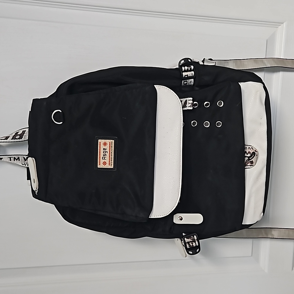 Asge Backpack Black & White Large Nylon Flap Utility Travel School Charger